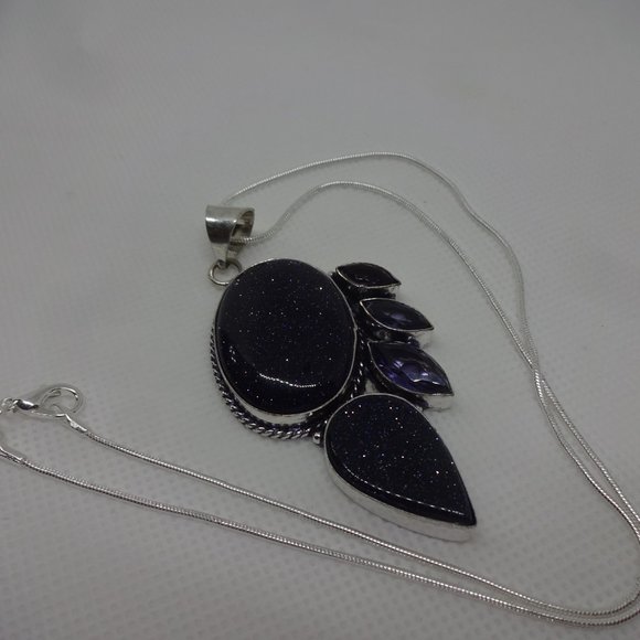 Sparkling "BLUE SUNSTONE & AMETHYST" Handmade Sterling Pendant/18" Chain #703 - Picture 2 of 3